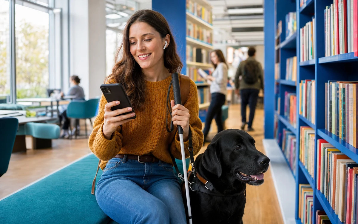 A woman using a smartphone with a white cane and guide dog in a library
